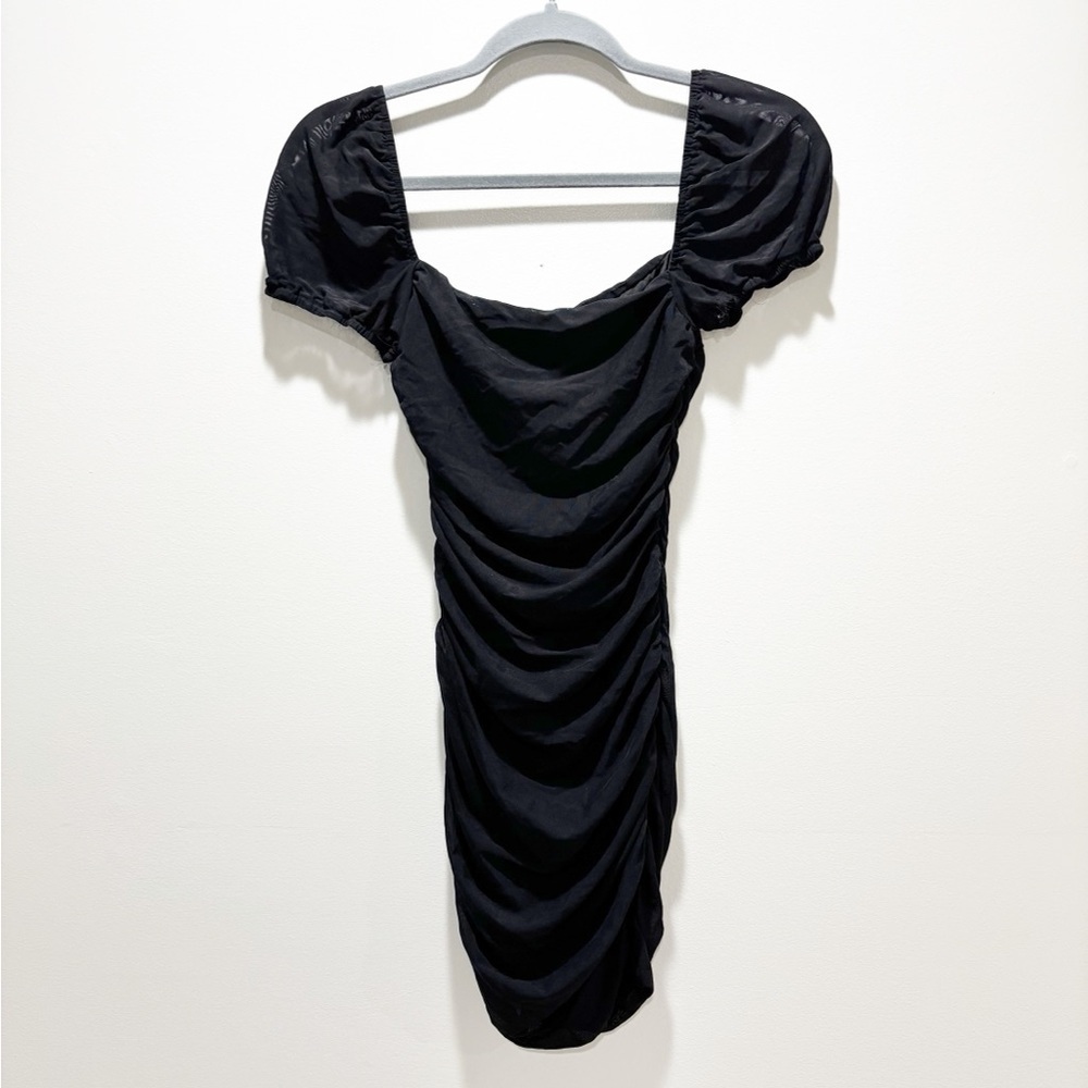 Princess Polly Black Puff Sleeve Ruched Mini Dress Mesh Sleeves Size 6